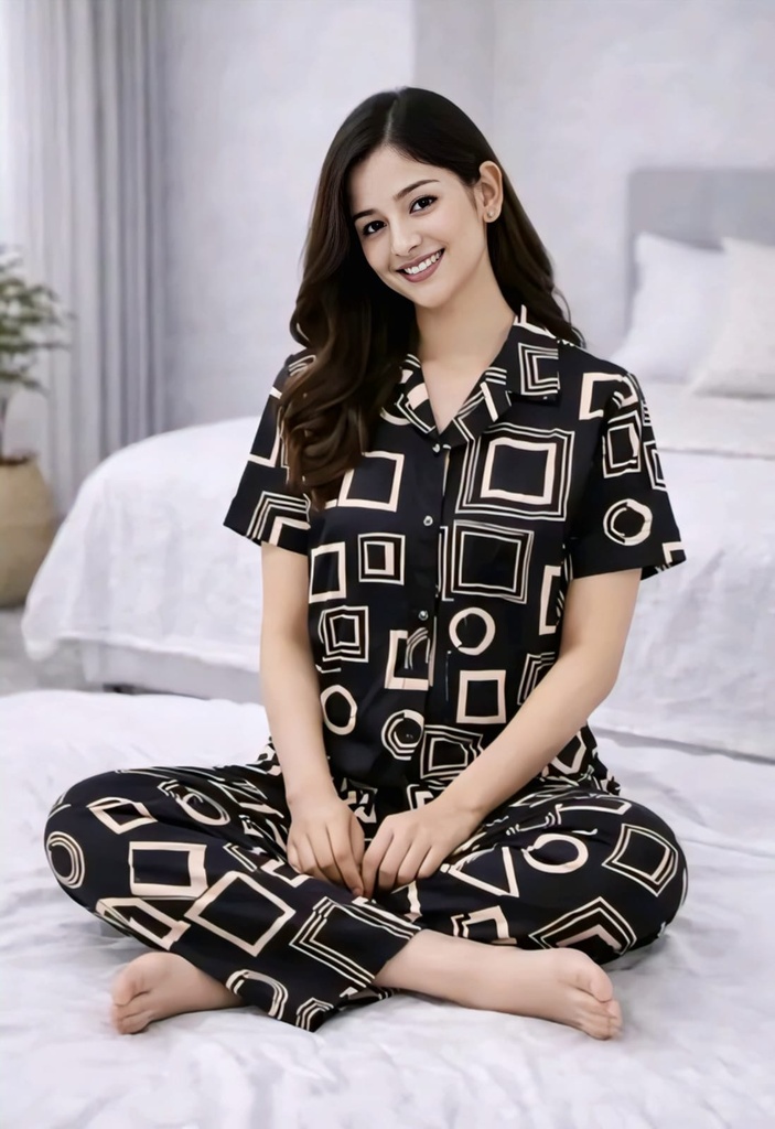 Women's Black Geometric Print Button-Down Nightwear (S)