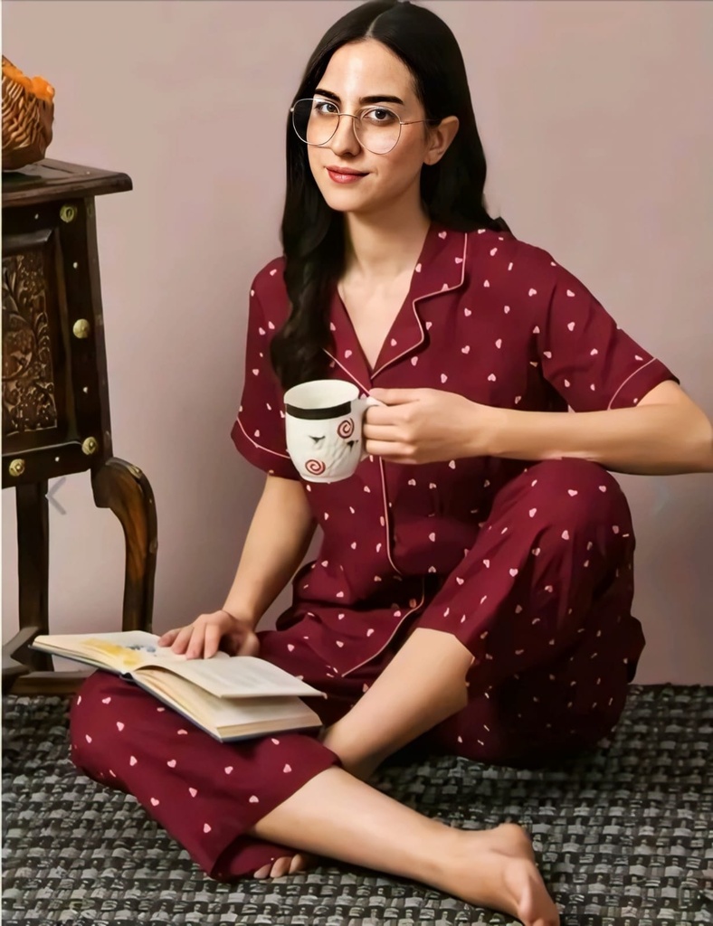 Women's Maroon Printed Short Sleeve Cotton Nightsuit (S)