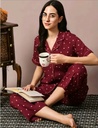Women's Maroon Printed Short Sleeve Cotton Nightsuit