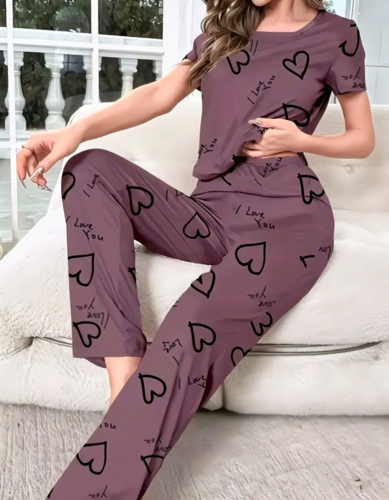 Women's Heart Print Short Sleeve Nightsuit (S)