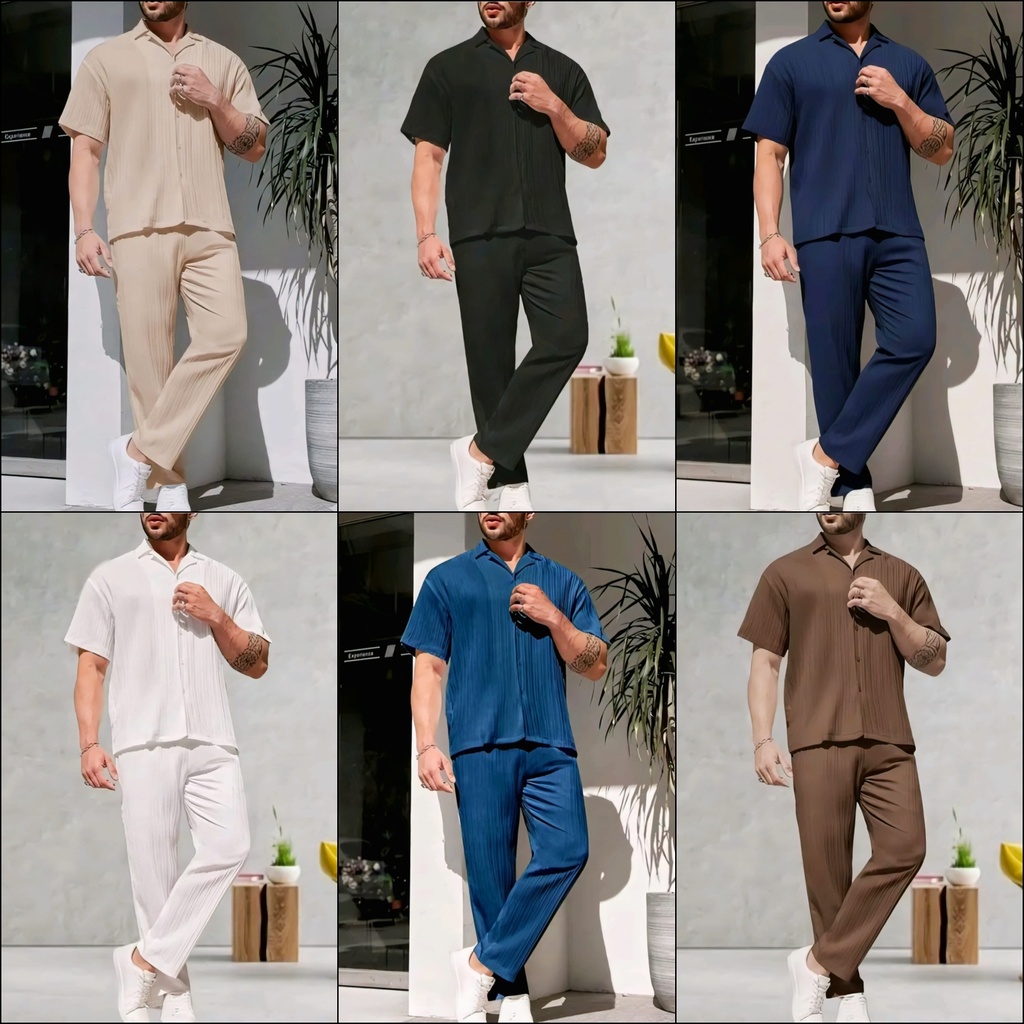 Men's Two-Piece Pleated Short Sleeve Nightsuit (S, Brown)