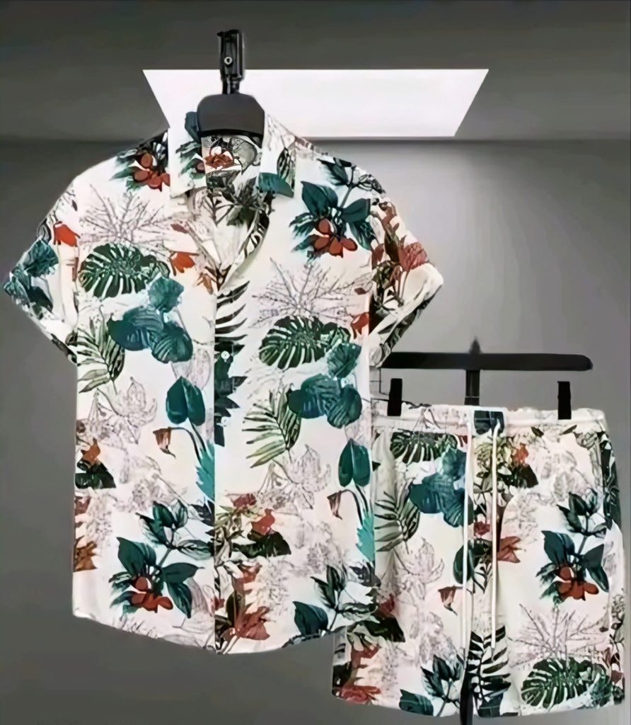 Men's Tropical Leaf Print Shirt and Shorts Co-ord Set (S)