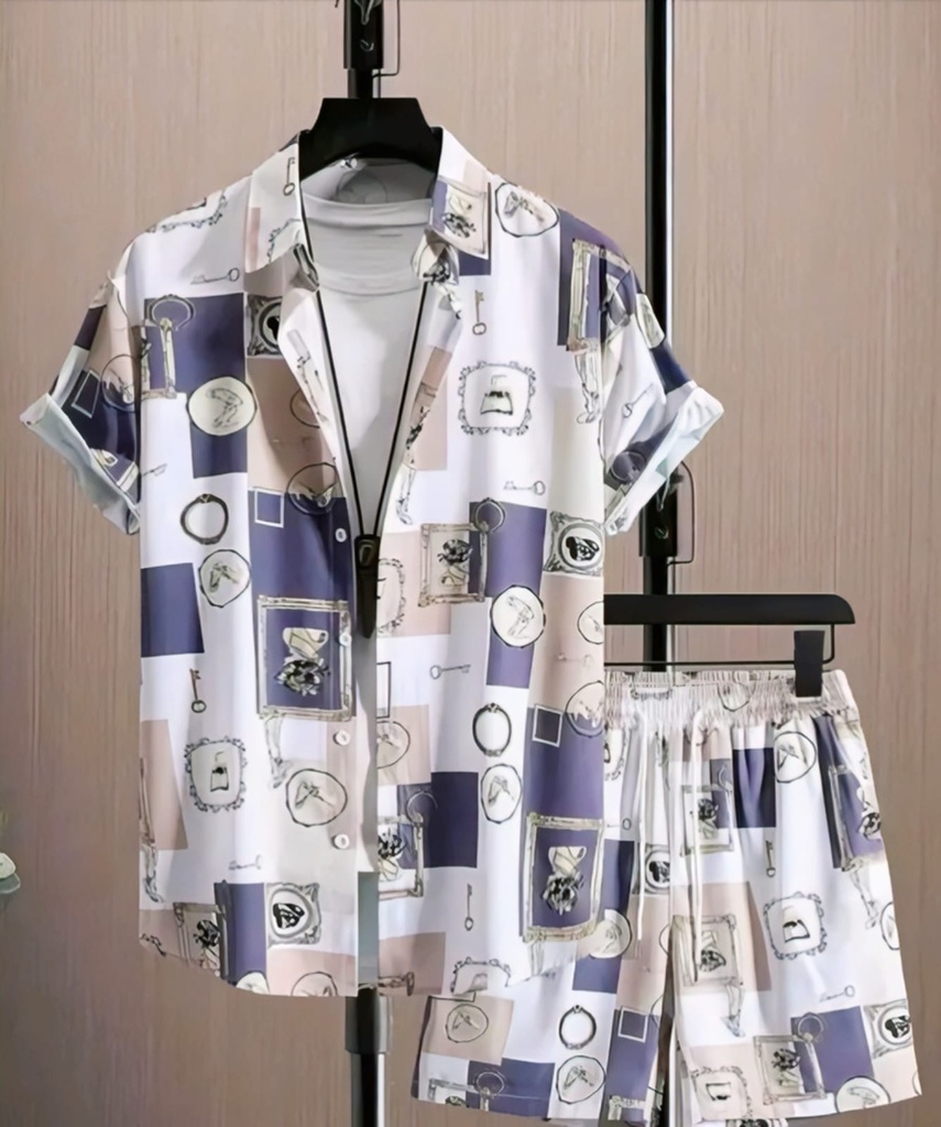 Men's Two-Piece Casual Printed Shirt and Shorts Co-ord Set (S)