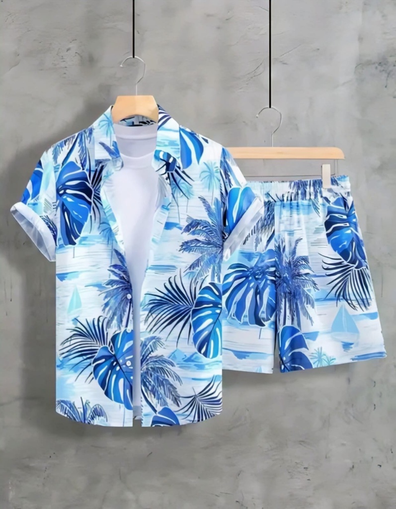 Men's Tropical Blue Hawaiian Shirt and Shorts Two-Piece Set (S)