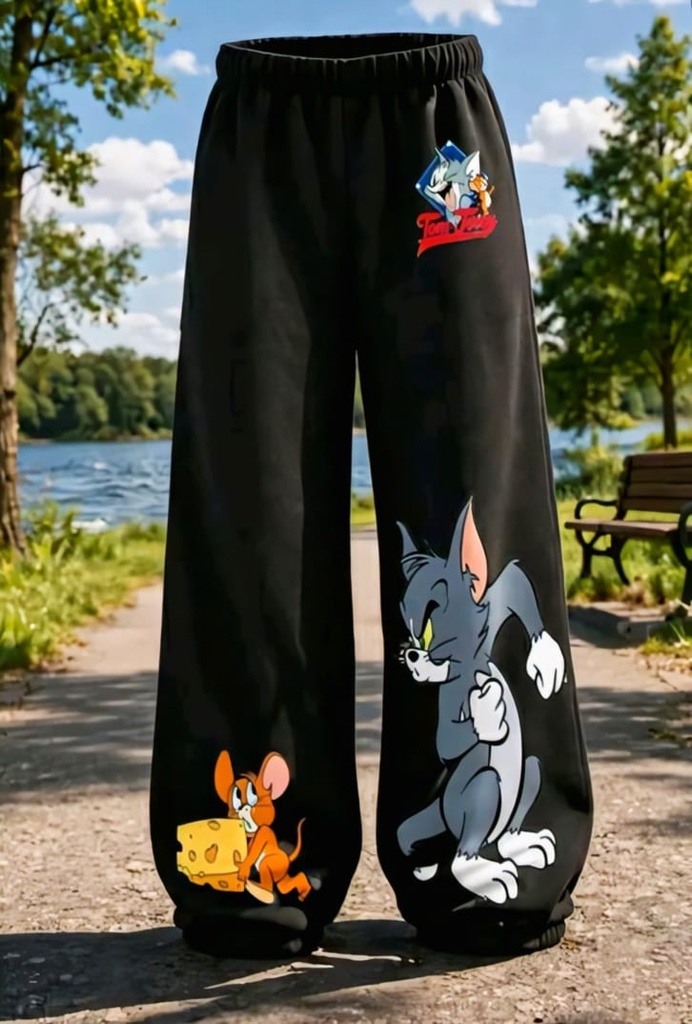 Tom and Jerry Cartoon Printed Black Wide-Leg Trouser (S)