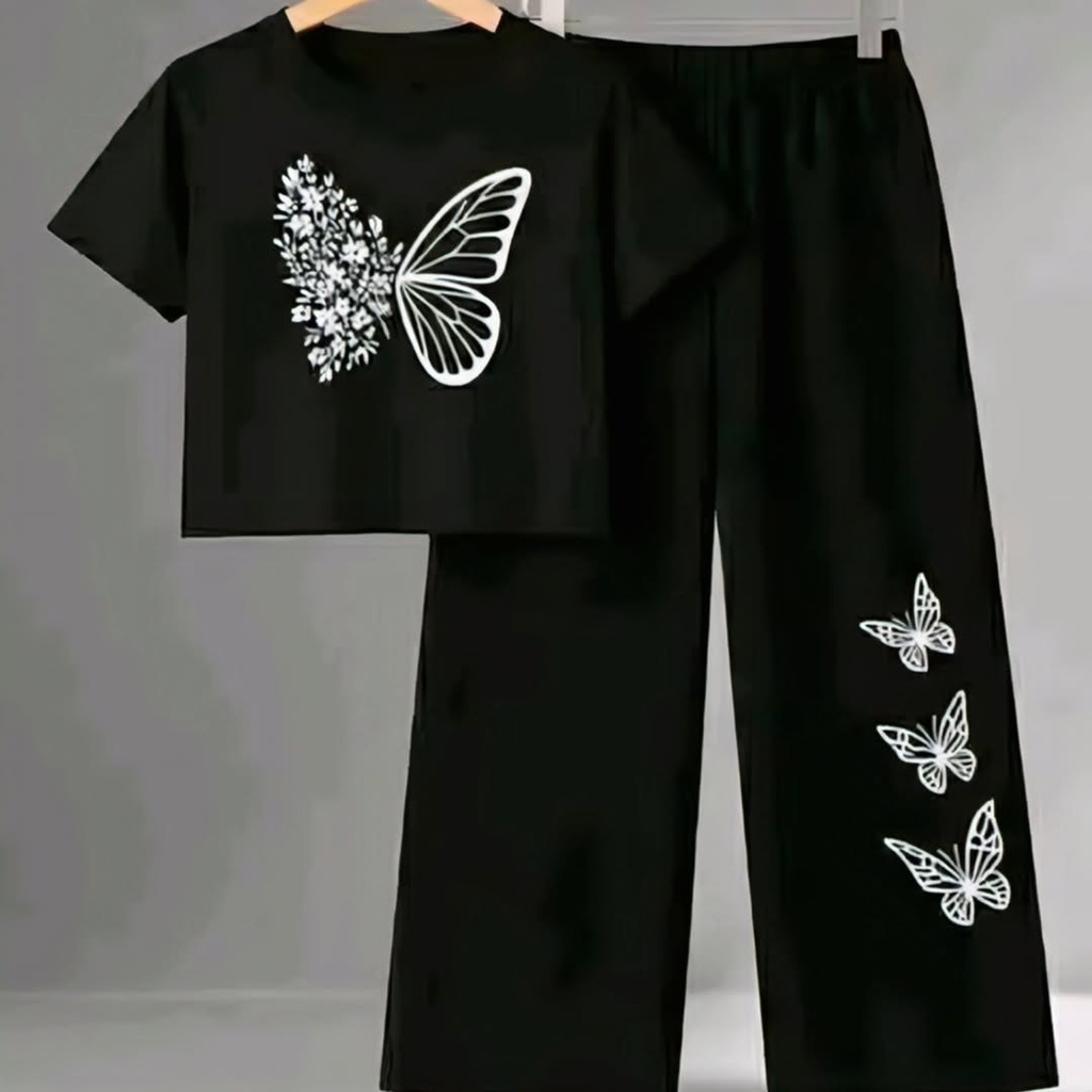 Girls Black Crop Top and Wide Leg Pant Full Set (S, 7-8Y)