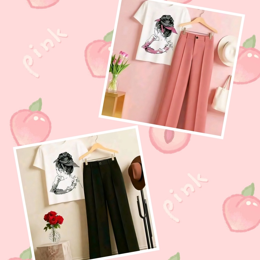 Women's Full Set: Graphic T-Shirt and Wide-Leg Trousers