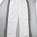 Wide - leg white track pants features three classic black sporty stripes running down both sides