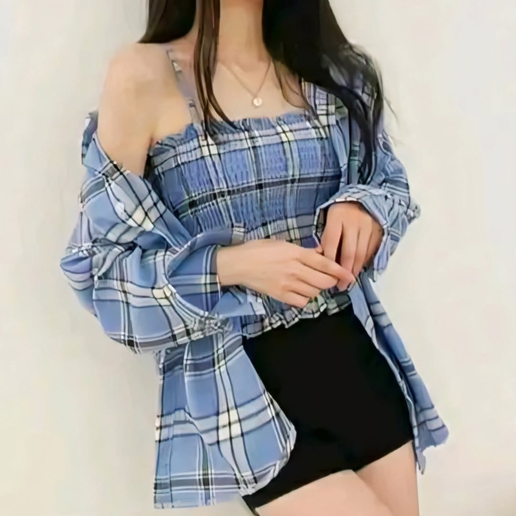 Blue Plaid Top and Shacket Co-ord Set with Shorts I (XS)