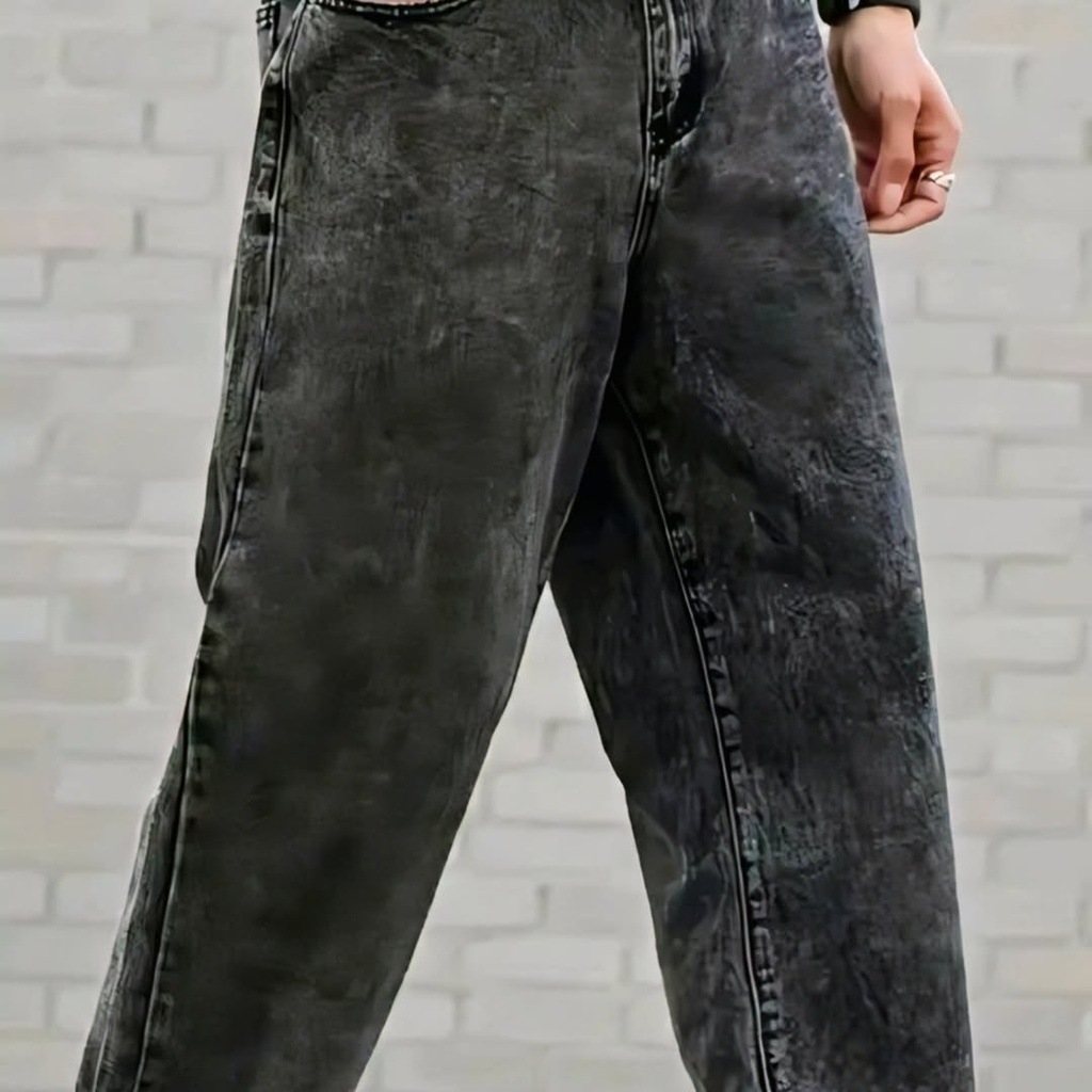 Men's Grey Acid Wash Relaxed Fit Denim Jeans Pant (28)