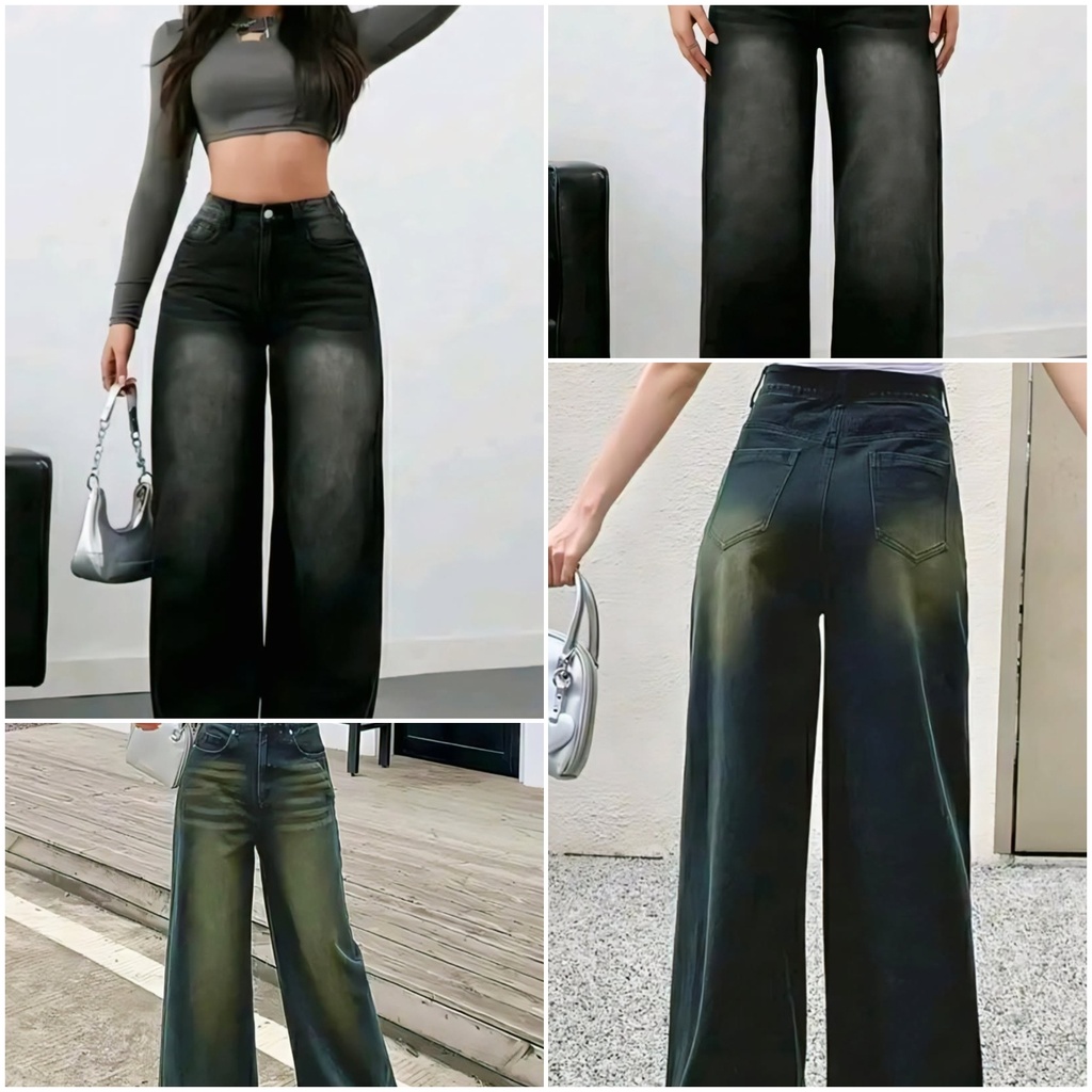 Women's Wide Leg High-Waist Jeans (26, Olive Green)