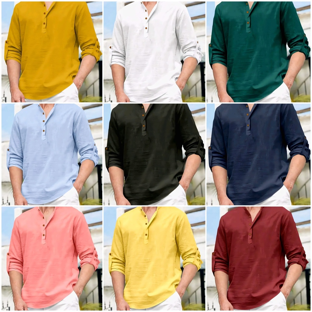 Men's Cotton Linen Henley Neck Short Tunic Kurta Shirt (S, Pink)