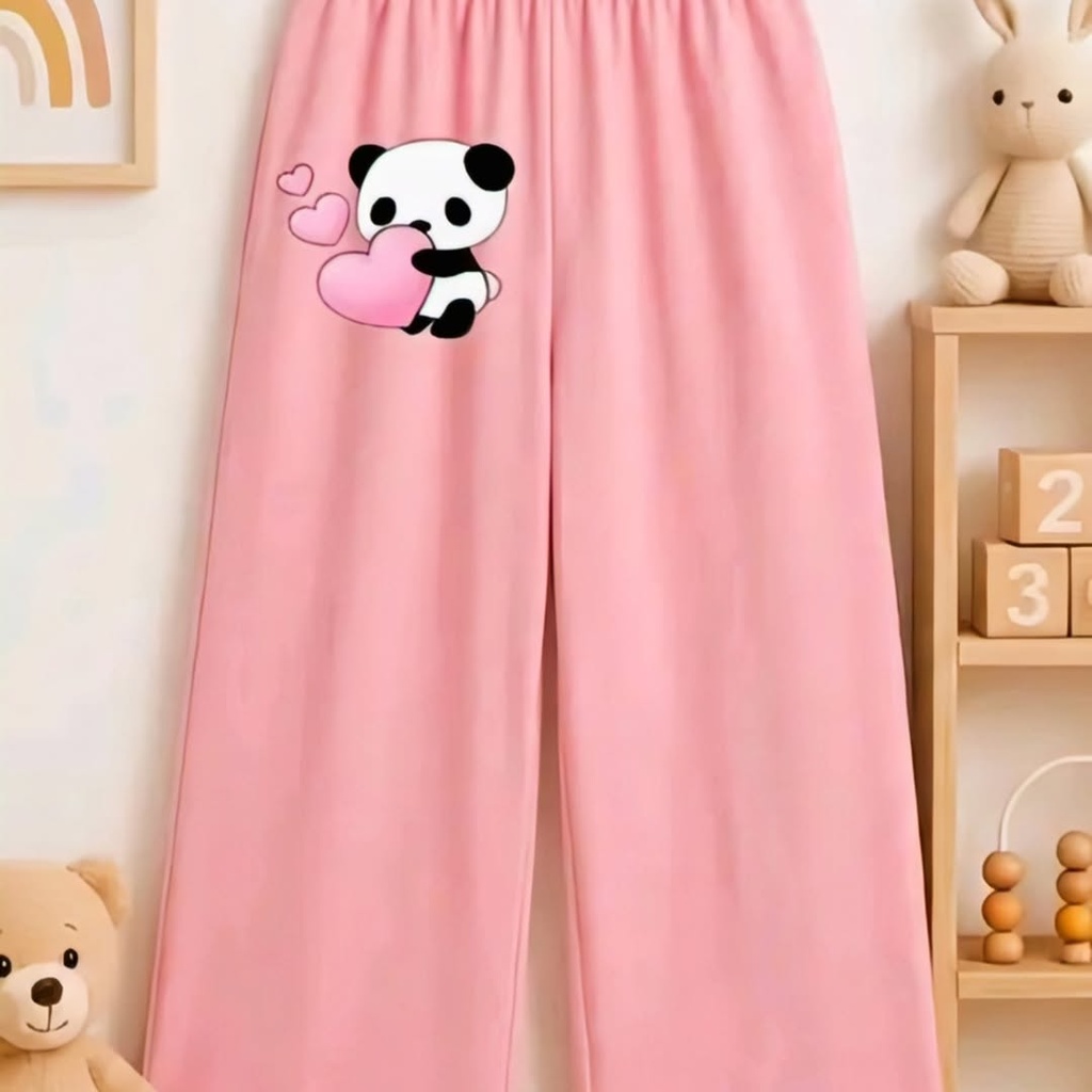 Pink wide - leg sweatpants are displayed featuring a cute cartoon panda graphic holding a pink heart (M)