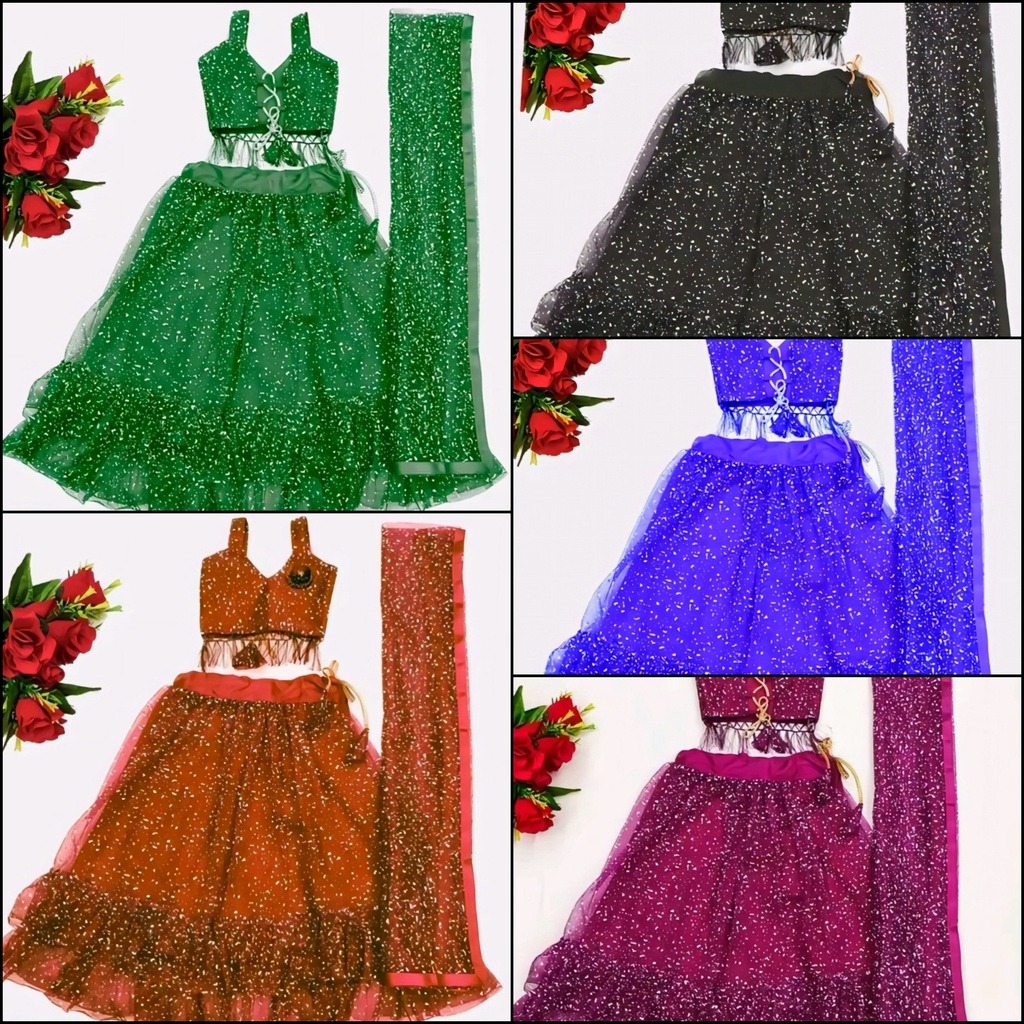 Kids Girls Net Glitter Work Lehenga Choli Dupatta Set