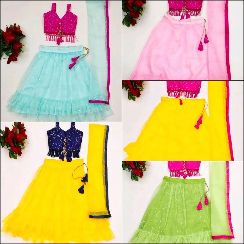 Girls Net Lehenga Choli Kids Festive Ghagra Choli Set (Pink-green, 4-5Y)