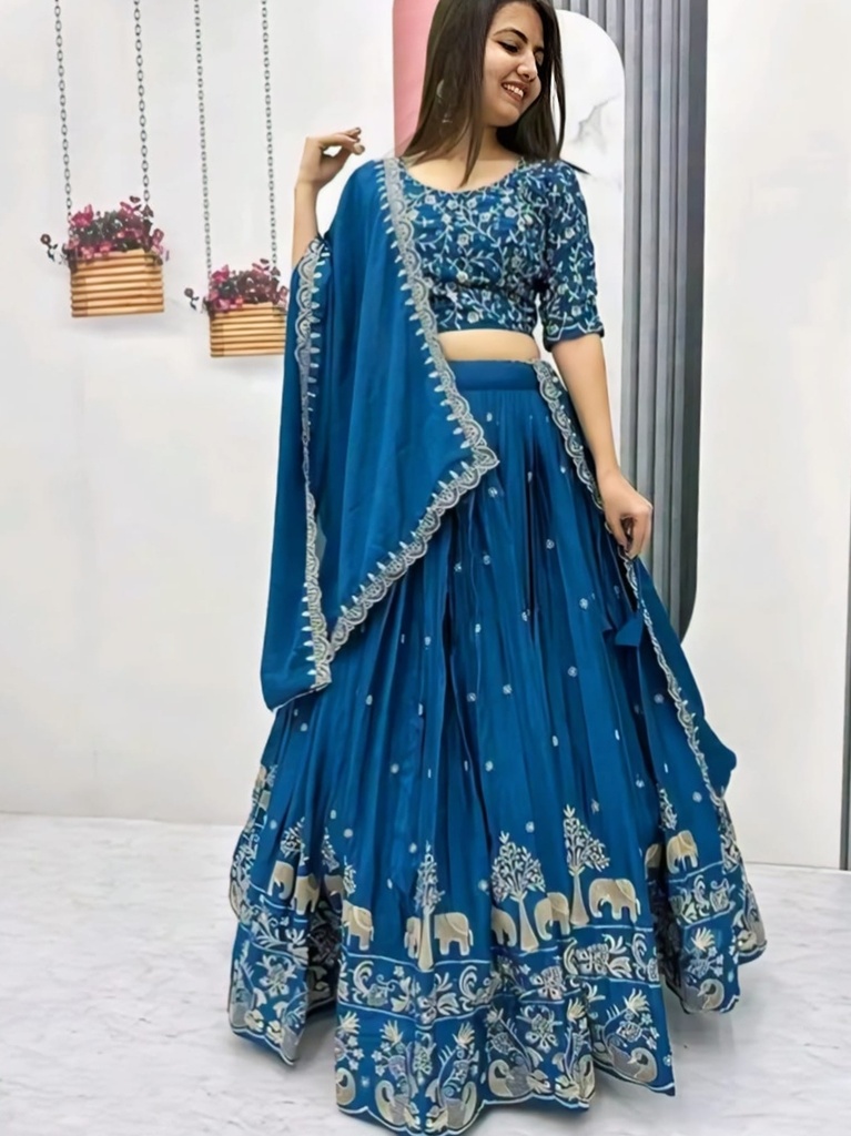Peacock Blue Georgette Lehenga Choli with Dupatta (Free size)