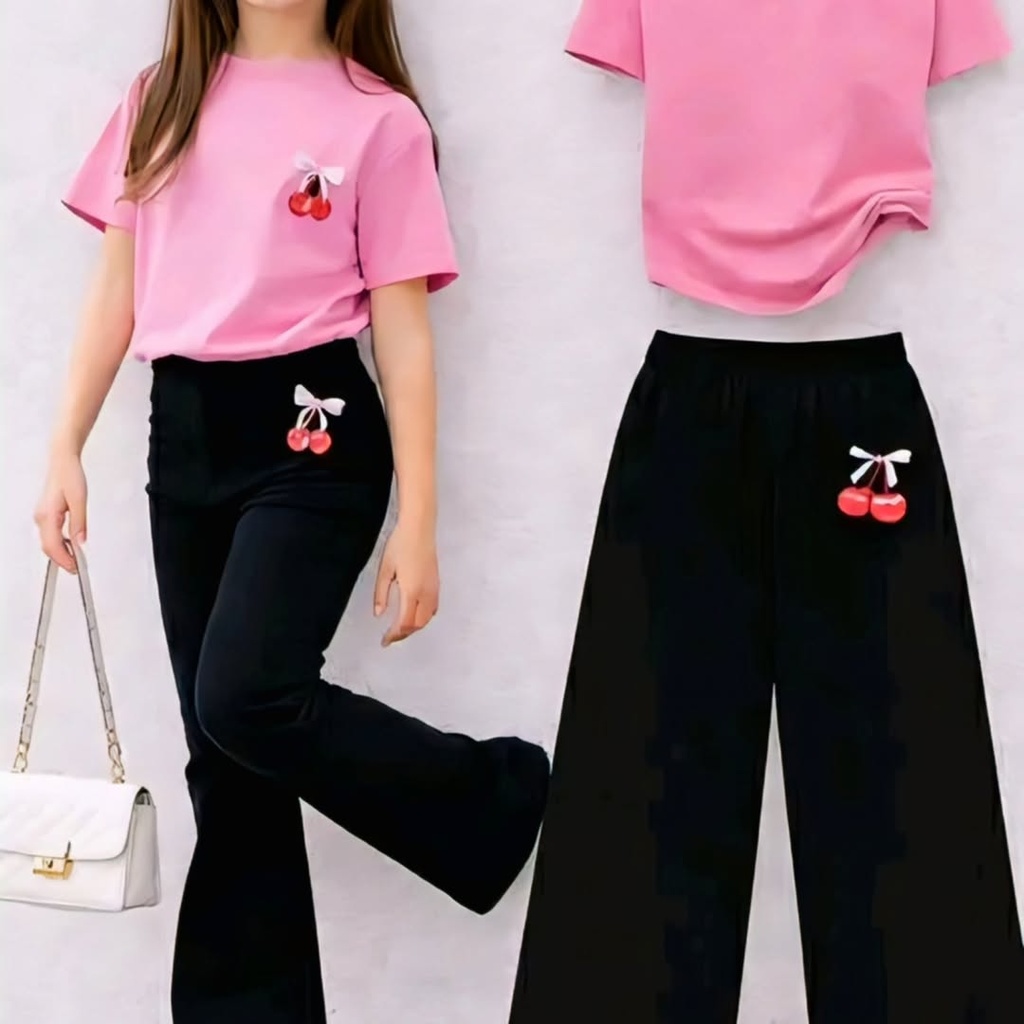 T- shirt and wide - leg pant sets decorated with cherry bow graphis