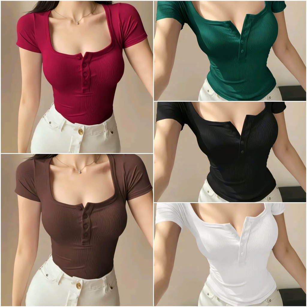 Women's Ribbed Henley Neck Top (XS, Brown)