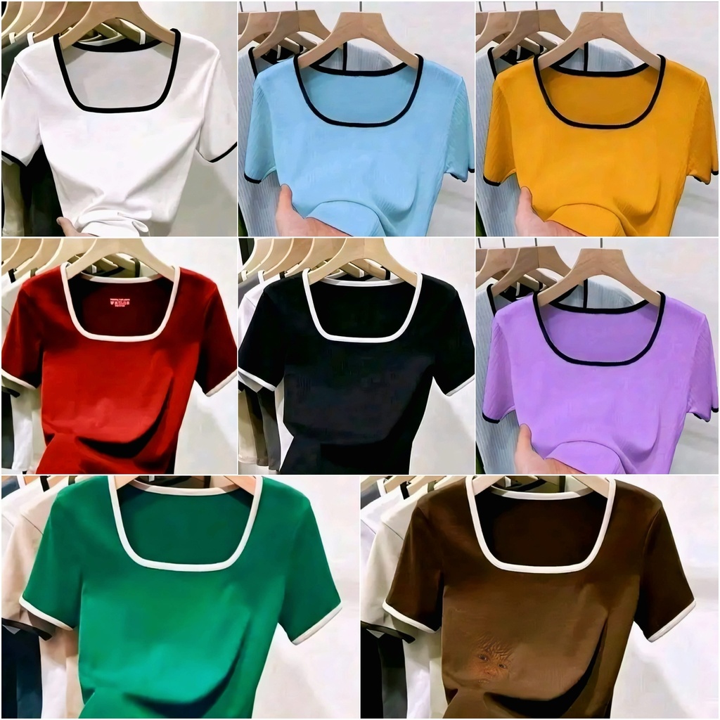 Women Ribbed Knit Square Neck Top (S, Brown)