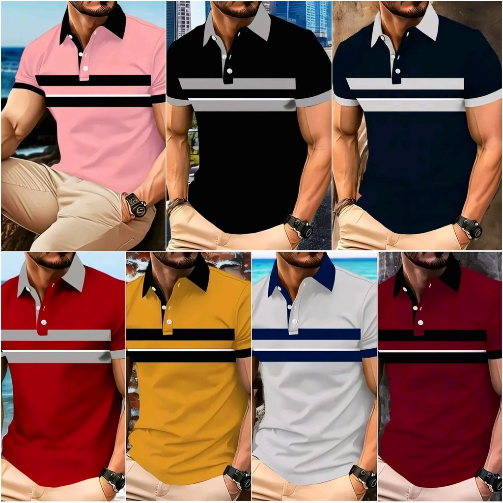 Men's T-Shirt Polo Collar (M, Pink)